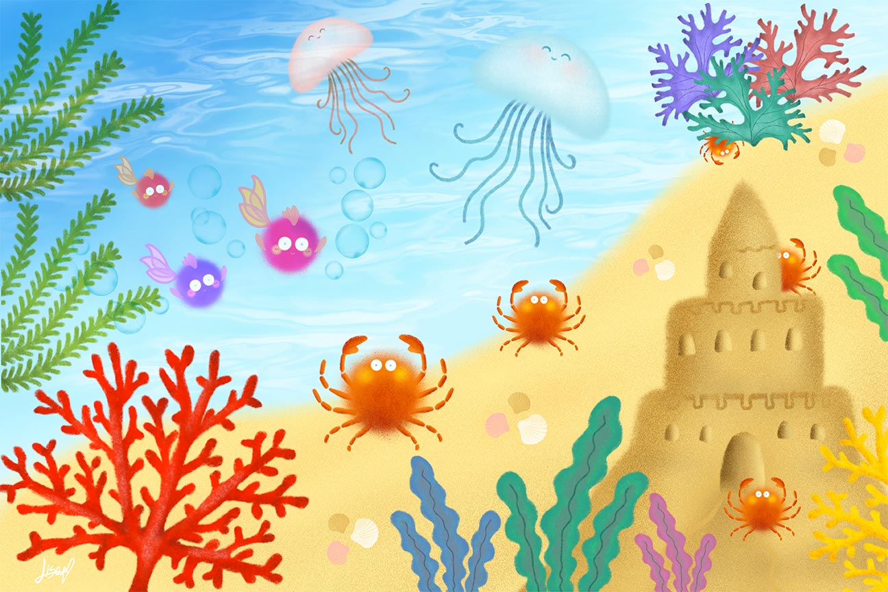 illustrazione raffigurante granchietti, pesciolini e meduse che nuotano in un fondale sabbioso